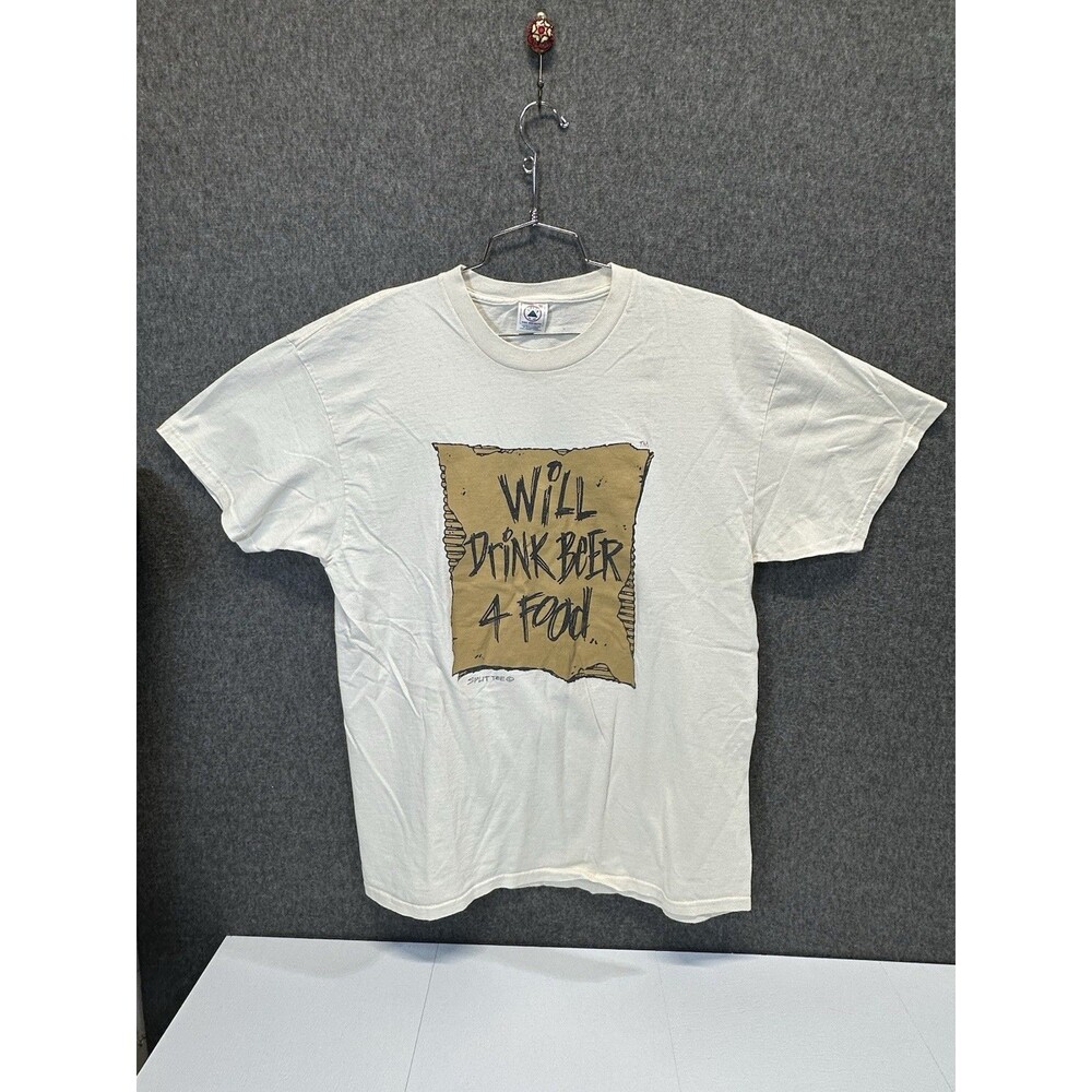 Vintage 90s "Split Tee" Will Drink Beer 4 Food Shirt Men's XL Dad Beer Print